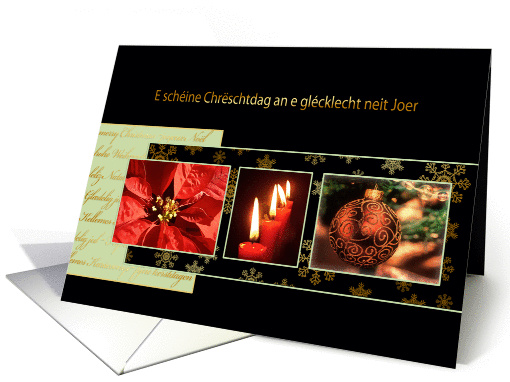 Merry Christmas in Luxembourgish, poinsettia, ornament, candles card