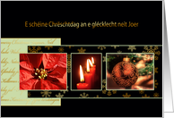 Merry Christmas in Luxembourgish, poinsettia, ornament, candles card