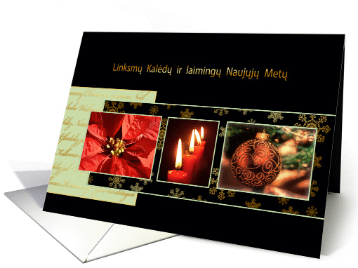 Merry Christmas in Lithuanian, poinsettia, ornament, candles card