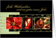 Merry Christmas in German, poinsettia, ornament, candles card
