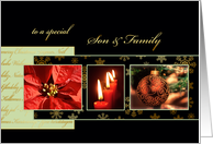 Merry Christmas to my son & family, poinsettia, ornament, gold effect card