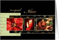 Merry Christmas to my niece, poinsettia,ornament, gold effect, card