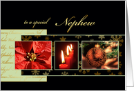 Merry Christmas to my nephew, poinsettia, ornament, gold effect, card