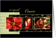 Merry Christmas to my cousin, ornament, poinsettia, gold effect card