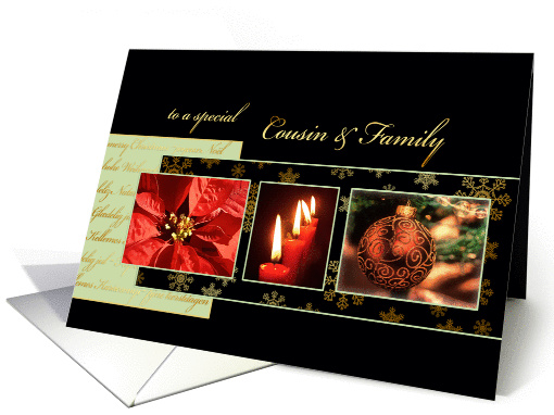 Merry Christmas to my cousin & family, poinsettia, gold effect card