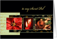 Merry Christmas to my secret pal, ornament, poinsettia, gold effect card
