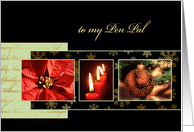 Merry Christmas to my pen pal, ornament, poinsettia, gold effect card