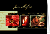 Merry Christmas from all of us, business card, poinsettia, gold effect card
