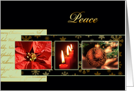Peace, Christmas card, gold effect, poinsettia, candles, ornament card