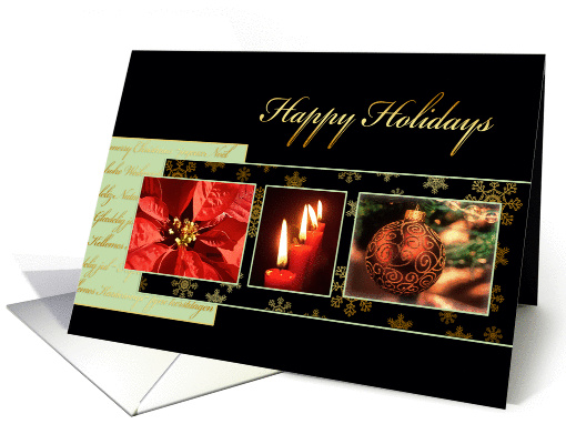 Happy Holidays, gold effect, poinsettia, candle, ornament card