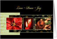 love, peace, joy, Christian Christmas card, gold effect, poinsettia, card