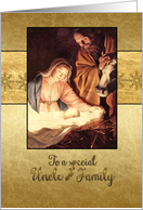 Merry Christmas to my uncle & family, scripture, nativity, gold effect card