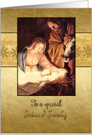Merry Christmas to my sister & family, nativity, gold effect card