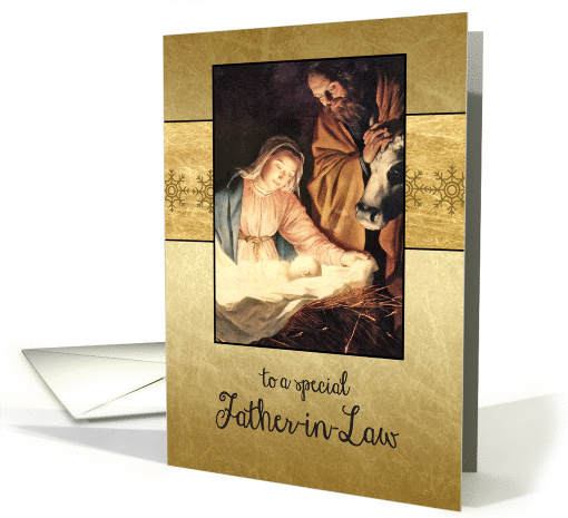 Merry Christmas to my father in law, nativity, gold effect card
