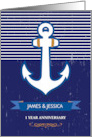 1st Year Wedding Anniversary Custom Name Navy Blue Anchor With Grunge card
