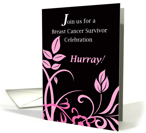 Invitation Breast Cancer Survivor Party Pink Leaves on Black card