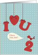 Miss You and I Love You Too with Hanging Symbols and Bird card