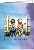 Vintage Love Card with Boy and Girl Holding Hands Night Star Sky card