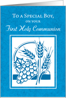 Boy First Holy Communion Congratulations Blue Grapes Host and Wheat card