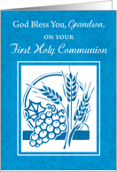 Grandson First Communion Congratulations Grapes Wheat Host on Blue card