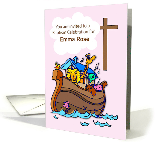 Girl Custom Name Baptism Celebration Invitation Noahs Ark card