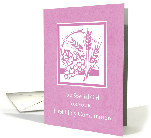 Girl First Communion Wheat Grapes and Host on Pink card (1091806)