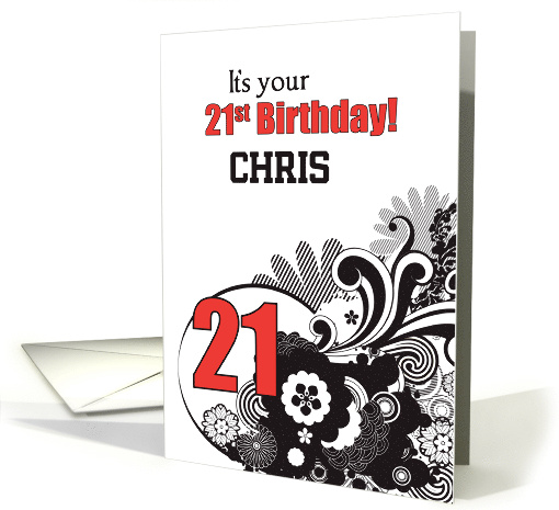 21st Birthday Custom Name Religious Swirls Red and Black card
