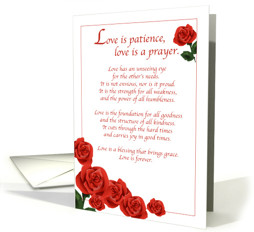 Wedding Congratulations with Red Roses Religious Love is Patience card