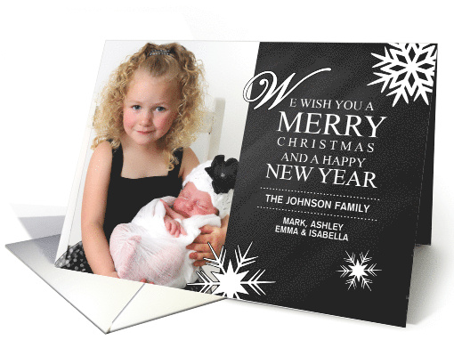 Photo Custom Merry Christmas Happy New Year Black and White Snow card