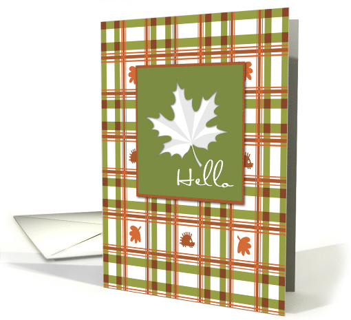 Hello Fall Leaves on Plaid Green Orange and Brown card (1180206)
