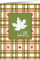 Hello Fall Leaves on Plaid Green Orange and Brown card