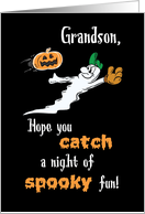 Grandson Halloween Baseball Ghost with Pumpkin card
