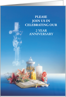 Church 2 Year Anniversary Invitation Cross Candles and Flowers on Blue card