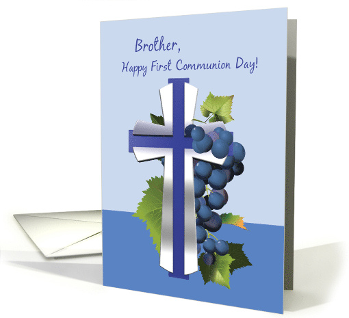 Brother First Holy Communion Blue and Silver Cross with Grapes card