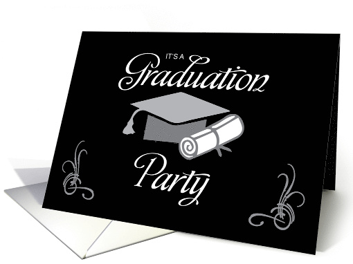Graduation Party Invitation Black Gray with Cap and Diploma card