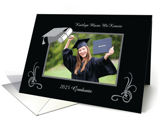 2025 Custom Photo Name Graduation Announcement Black and Gray card