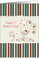 Happy First Mothers Day Cute Birds on Stripes card