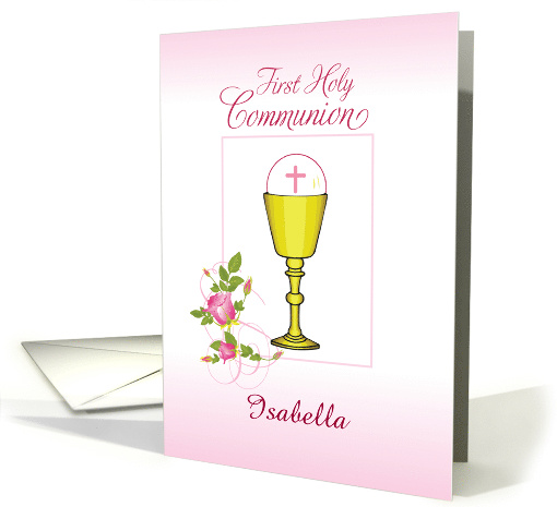 Personalize Girl Name Isabella Pink First Holy Communion card