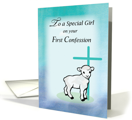 Girl First Confession with Lamb and Green Cross card (1305136)