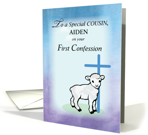 Customizable Cousin Aiden First Confession Lamb Cross card (1308238)