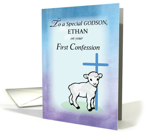 Customizable Godson Ethan First Confession Lamb Cross card (1308242)