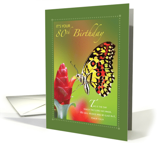 80th Birthday Butterfly on Red Flower with Scripture card (1314736)