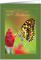 80th Birthday Butterfly on Red Flower with Scripture card