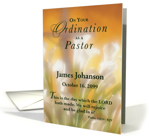 Custom Name and Date Pastor Ordination with Lilies and Cross card