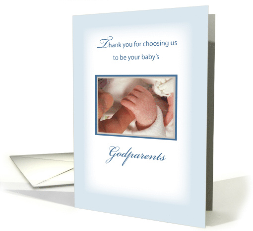 Thank You For Choosing Us As Godparents Baby Hand On Blue Card