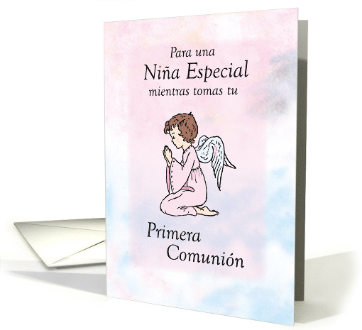 Spanish Girl Praying First Communion Angel on Pink card (1351572)