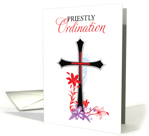 Priest Ordination Black Cross with Red Swirls Anniversary card