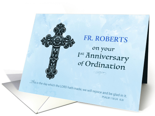 Custom Name 1st Anniversary Ordination Priest Ornate Cross card