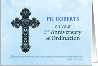 Custom Name 1st Anniversary Ordination Priest Ornate Cross card