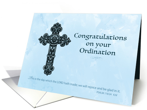 Congratulations on Your Ordination Ornate Cross on Blue card (1354774)